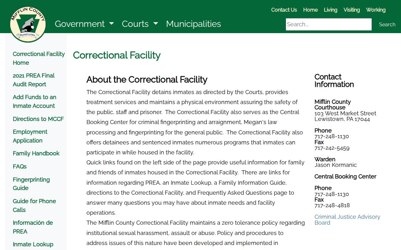 Mifflin County arrest booking information at the correctional facility