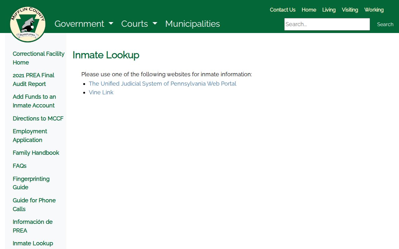 Mifflin County arrest and inmate lookup routing page