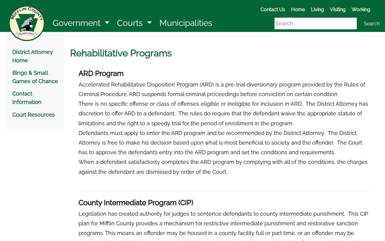 Mifflin County criminal court case diversion programs page