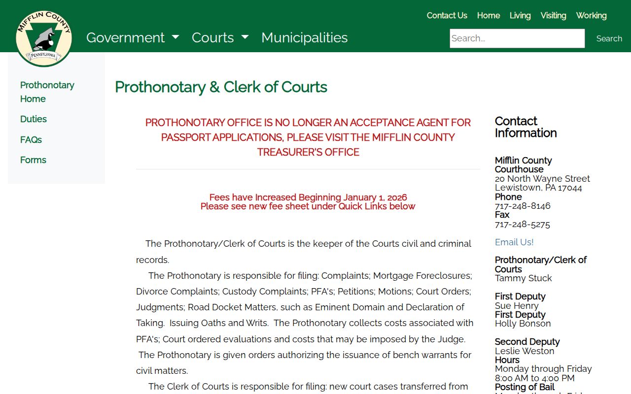 Mifflin County criminal court case Clerk of Courts page