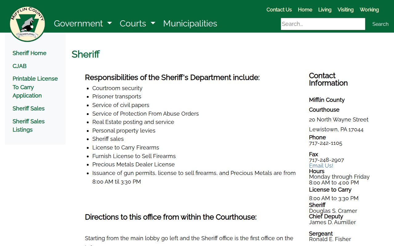 Mifflin County criminal records and Sheriff duties