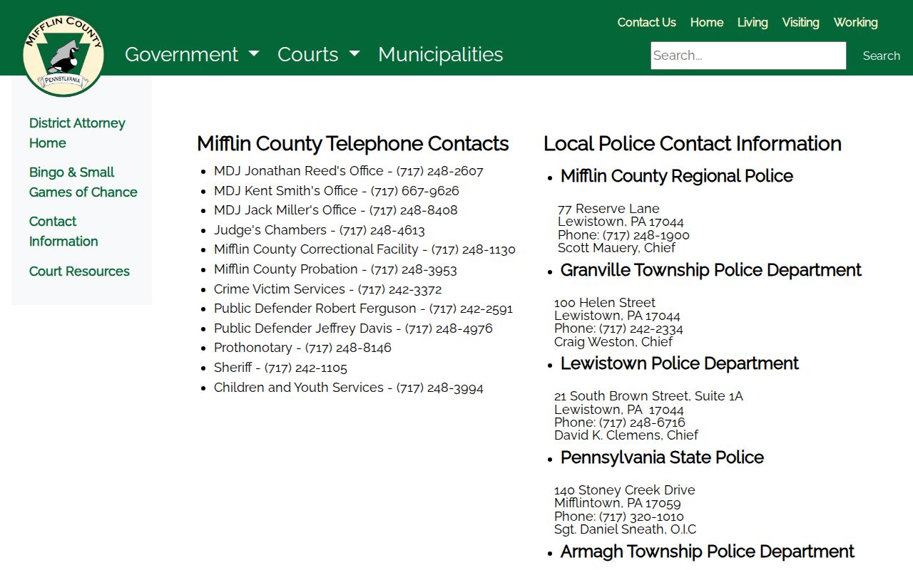 Yeagertown criminal records regional police contacts in Mifflin County